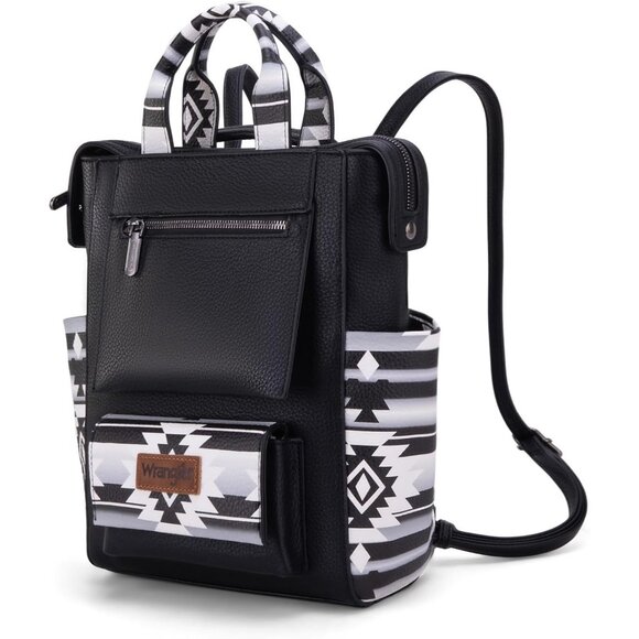 Chic Black Wrangler Aztec Backpack Purse with Adjustable Straps & Zipper Closure - Picture 4 of 7
